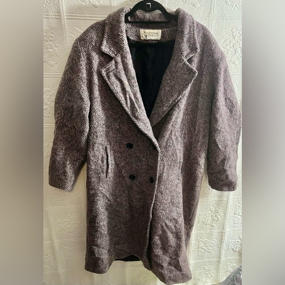 Vintage Stephanie Mathews Wool Jacket Coat Long & Lined Gray/Pink Size 14